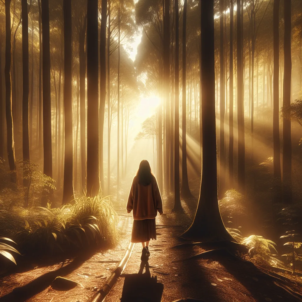 Personne marchant sur un sentier ensoleillé en forêt, vue de dos, symbolisant le chemin vers la guérison
