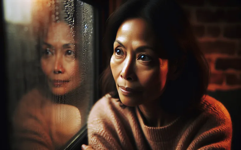 Personne regardant pensivement &agrave; travers une fen&ecirc;tre avec des gouttes de pluie, lumi&egrave;re chaude &agrave; l'int&eacute;rieur