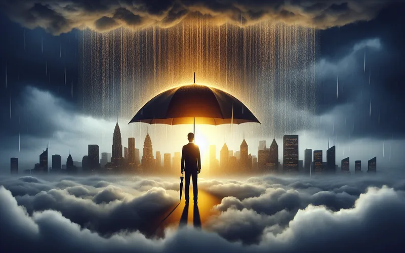 Parapluie symbolique prot&eacute;geant une personne de la pluie, lumi&egrave;re dor&eacute;e per&ccedil;ant les nuages, protection juridique