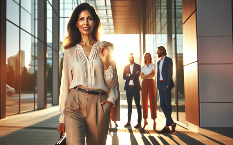 Personne marchant avec confiance vers un immeuble de bureaux lumineux au lever du soleil, retour au travail